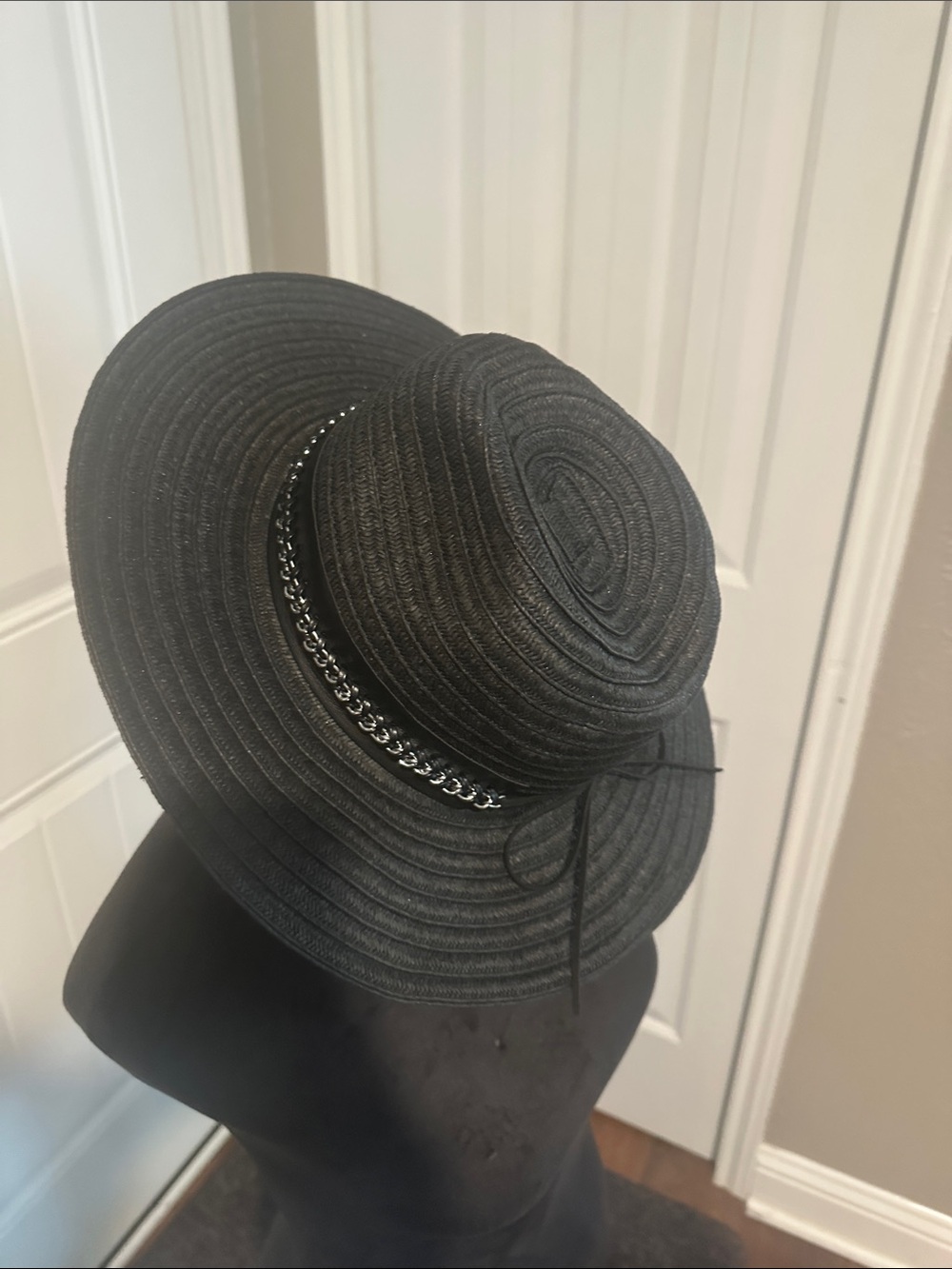 Vince Camuto Black Wide-Brim Straw Hat with Chain Accent